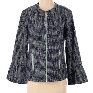Sail to Sable STS Ruffle Sleeve Zip Up Navy Tweed Blazer Long Sleeve Blue Jacket